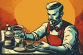 Handsome Barista Cafe Making Coffee. Pop Art retro vector illustration