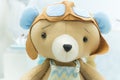 Handsome Bear with glasses and vintage airplane pilot helmet. Selective focus Royalty Free Stock Photo