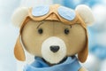 Handsome Bear with glasses and vintage airplane pilot helmet. Selective focus Royalty Free Stock Photo