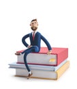 Handsome beard businessman Billy is sitting on a stack of books. The concept of business education.