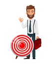 Handsome bearded businessman standing near target and showing ok sign.