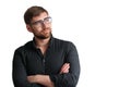 Handsome bearded glasses man in a black shirt on the isolated background