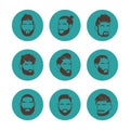 Handsome bearded hipster man faces with mustache and modern male hairstyle vector icons set
