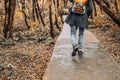 Handsome, bearded man in coat with backpack enjoys stroll through beautiful autumn yellow and orange forest. Tourist Royalty Free Stock Photo