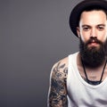 Handsome Bearded Man in Hat. tattoo on the hand Royalty Free Stock Photo