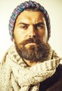 Handsome bearded man in leather jacket, woolen scarf and knitted hat. Casual winter clothes. Perfect style. Warm wear Royalty Free Stock Photo