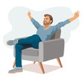 Handsome bearded man stretching in grey armchair on white background