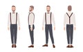 Handsome bearded man wearing trousers with suspenders, shirt, bow tie. Elegant outfit. Stylish male cartoon character