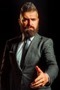 Handsome bearded man. Welcome to business. Ready to work. Businessman greeting. Power man and business. Serious business Royalty Free Stock Photo