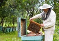Handsome beekeeper in protective uniform checking the beehive Royalty Free Stock Photo