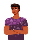 Handsome black or ethnic teenage boy or young athletic man standing arms crossed in lilac t-shirt Royalty Free Stock Photo