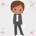 Handsome black groom in a dark gray suit. Vector illustration