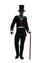 Handsome black man wearing regency style formal suit with top hat and walking cane. 3D rendering isolated on white with clipping