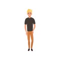 Handsome blond guy posing isolated on white. Cartoon character of young man wearing black t-shirt and orange jeans. Full