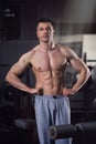 Handsome bodybuilder posing in gym, perfect muscular male body Royalty Free Stock Photo