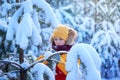 Handsome boy in winterwear walking in snowy winter forest