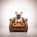 A handsome brown French Bulldog or Frenchie sits in his leather chair.