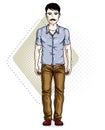 Handsome brunet young man poses on modern background with hexagons. Vector illustration of male with mustaches, hipster.