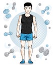 Handsome brunet young man poses on simple background with dumbbells and barbells. Vector illustration of sportsman. Work out and