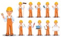 Handsome builder in uniform, cartoon character, set.