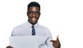 Handsome business black man holding blank empty banner smiling happy pointing with hand and finger Royalty Free Stock Photo