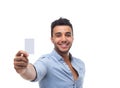 Handsome business man displaying blank empty business card happy smile Royalty Free Stock Photo