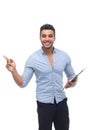 Handsome business man happy smile, businessman holding folder pencil document, point finger to copy space