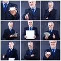 Handsome business man holding blank card