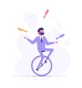 Handsome business man is riding on unicycle and juggling different tasks. Multitasking concept. Flat vector illustration