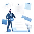 Handsome businessman adds new note. Employee holds paper stickers, empty memo. Place for text. Funny printable banner or web Royalty Free Stock Photo