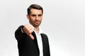 handsome businessman black suit hand gestures emotions isolated background Royalty Free Stock Photo