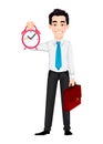 Young business man holding alarm clock and briefcase. Royalty Free Stock Photo