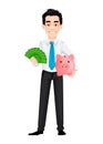 Young business man holding money and piggy bank. Royalty Free Stock Photo