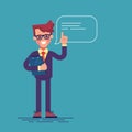 Handsome businessman with glasses raising up his finger to give advice or recommendation. Flat illustration.