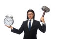 Handsome businessman holding hammer and alarm Royalty Free Stock Photo