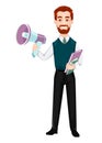 Successful business man. Handsome businessman holds loudspeaker. Royalty Free Stock Photo