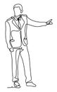 Handsome businessman pointing with finger. Continuous line drawing. Isolated on the white background. Vector monochrome