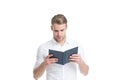 Handsome businessman reading book. Businessman read book for self improvement. Looking interesting idea. Reading