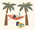 Handsome Businessman in Summer Wear Lying on Hammock under Palm Trees on Exotic Tropical Beach Working with Documents