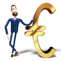 Handsome cartoon businessman and euro sign - 3D illustration