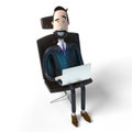 Handsome cartoon businessman sitting in office chair and working on a laptop - 3D illustration Royalty Free Stock Photo