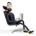 Handsome cartoon businessman sitting in office chair and working on a laptop - 3D illustration Royalty Free Stock Photo