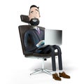 Handsome cartoon businessman sitting in office chair and working on a laptop - 3D illustration Royalty Free Stock Photo