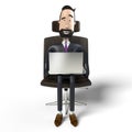 Handsome cartoon businessman sitting in office chair and working on a laptop - 3D illustration Royalty Free Stock Photo