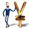 Handsome cartoon businessman and yen sign - 3D illustration