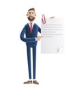 3d illustration. Handsome businessman Billy holds a completed document. Royalty Free Stock Photo