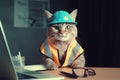 Handsome cat engineer construction worker sitting at the desk and using notebook for work. Generative AI