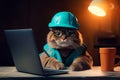 Handsome cat engineer construction worker sitting at the desk and using notebook for work