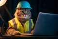 Handsome cat engineer construction worker sitting at the desk and using notebook for work