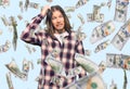 Handsome caucasian man with long hair wearing hipster shirt confuse and wonder about question Royalty Free Stock Photo